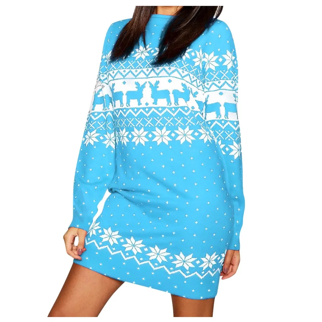 Light Blue Vestidos ropa mujer, рождественское платье, женские толстовки с рождественским принтом, с длинным рукавом, снежинка, Мини платье для вечеринки, roupa feminina - Цвет: Light Blue