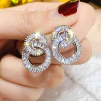 ustar new double round stud earrings for women rhinestone circle silver color female earring wedding party fashion jewelry gifts