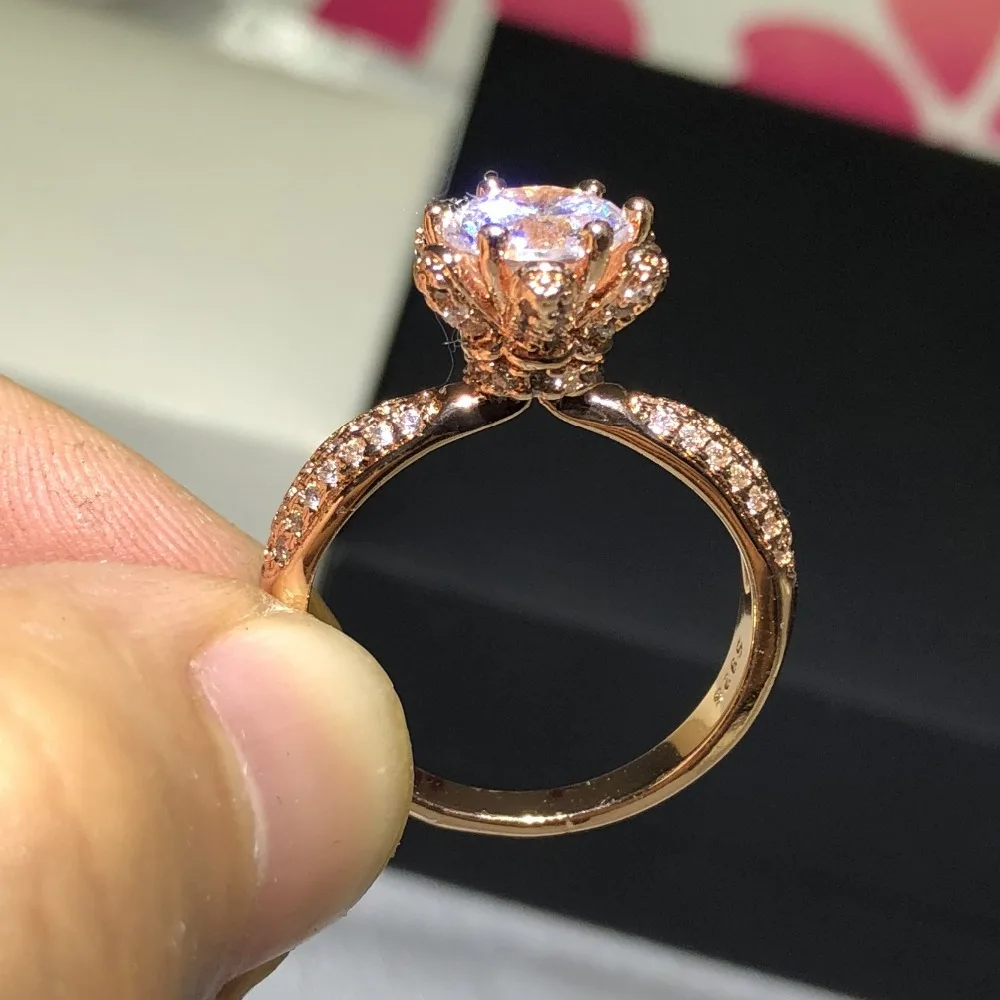 Luxury 2ct Simulated Diamond Engagement Ring Jewelry gift Flower Design Solid 100% 925 silver rose gold Wedding Rings for Women | Украшения