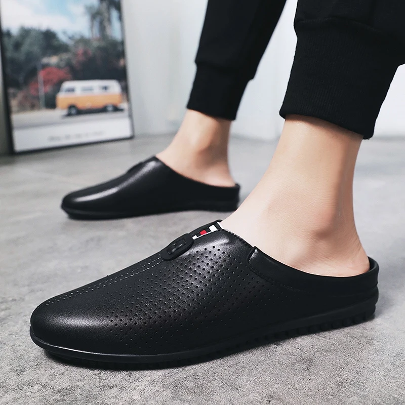 

Popular Summer Men Shoe Half Drag Loafers Shoes For Mens Plus Size 45 46 Casual Shoes Male Hollow Half slippers Man Black White