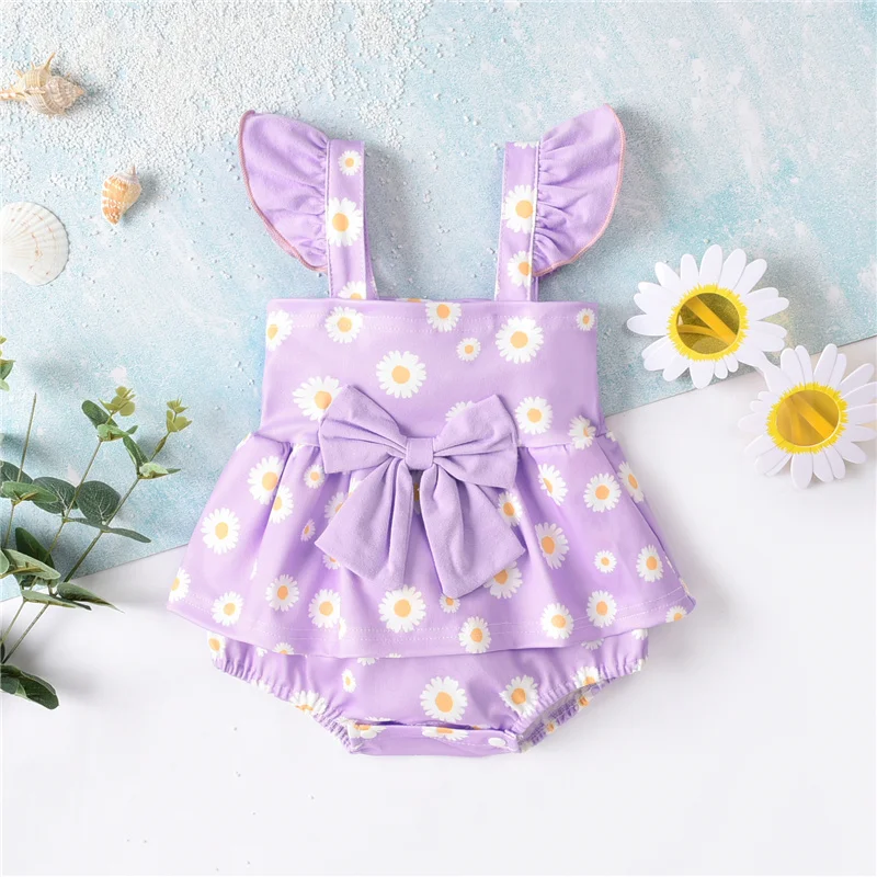 

0-12Months Newborn Baby Girls Summer Cotton Romper,Sweet Cute Floral/Fruit Printing Bow Decoration Fly Sleeve Suspender Jumpsuit