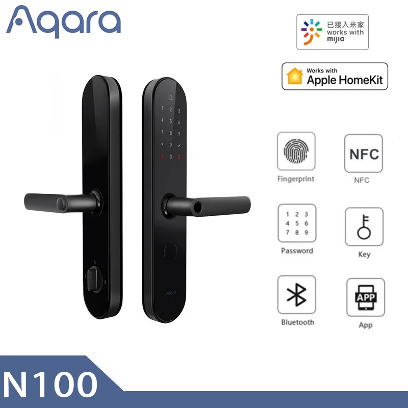 Aqara-cerradura de puerta inteligente N100, dispositivo de desbloqueo con huella dactilar, NFC, funciona con Bluetooth, contraseña con Mijia HomeKit, conexión inteligente con timbre superior