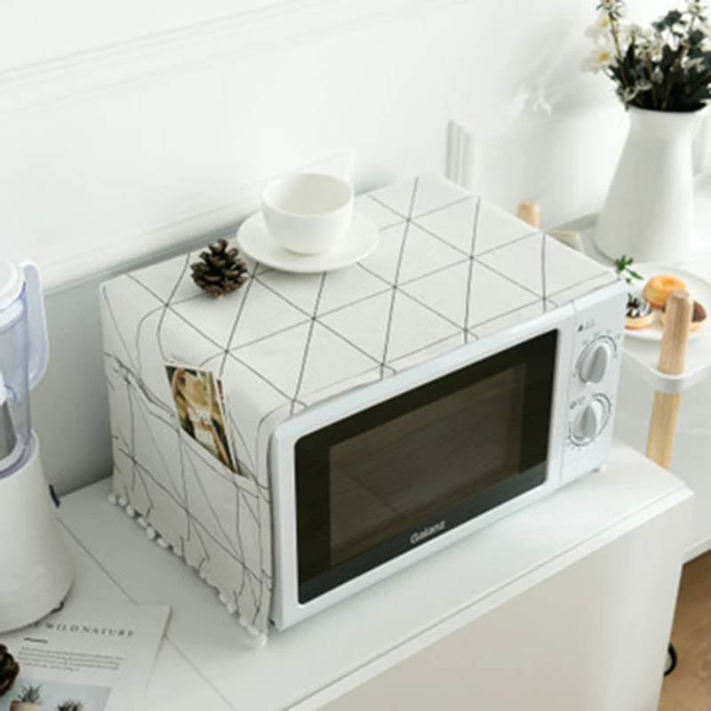 

Geometric Linen Dustproof Cover For Microwave Oven Cloth Tassel And Pocket For Microwave Oven Cover Kitchen Accessories