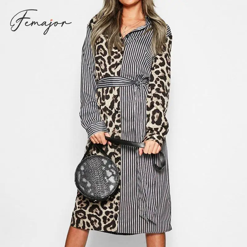 Женское осеннее модное леопардовое Полосатое платье рубашка в стиле пэчворк