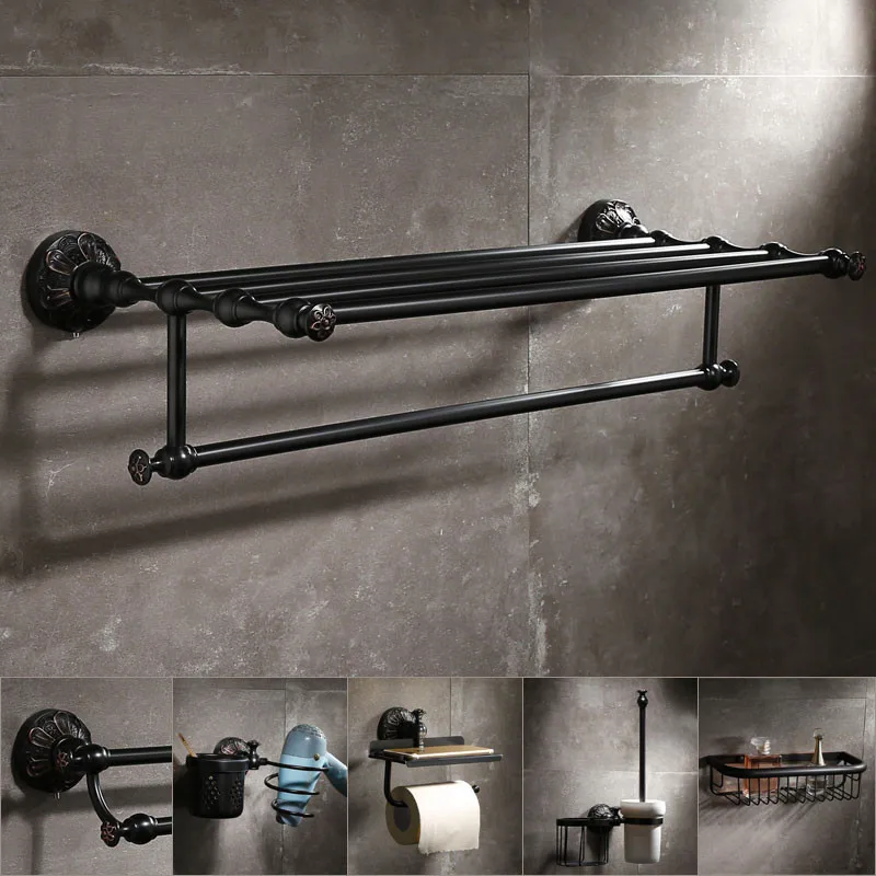 

Bath Hardware Set Brass Towel Rack Corner Shelf Paper Holder Toilet Brush Holder Robe Hook Nail Punched Black Oil Brushed Carved