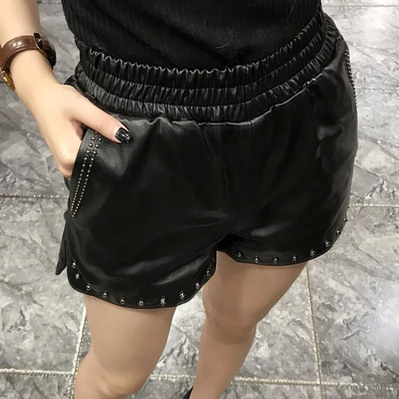 

Women Classic Summer Genuine Leather Shorts Rivet Elastic High Waist Loose Fit Split Hotpants Streetwear Sheepskin Biker Shorts
