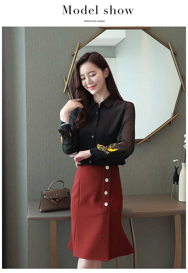 Blusas mujer de moda, шифоновая блузка на черной пуговице, однотонная блуза, женские топы с цветочной вышивкой в стиле Харадзюку, 0186