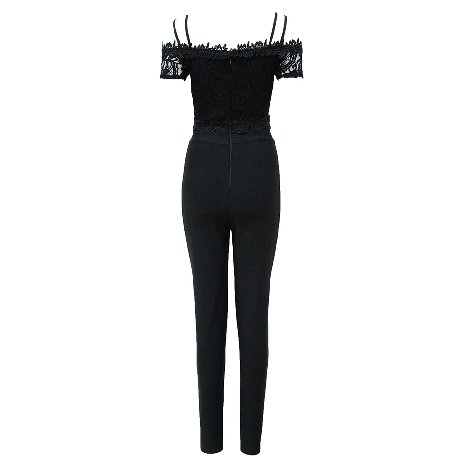 

2020 New Summer Women's Black Spaghetti Strap Lace Bandage Jumpsuit Bodycon Celebrity Club Party Jumpsuit