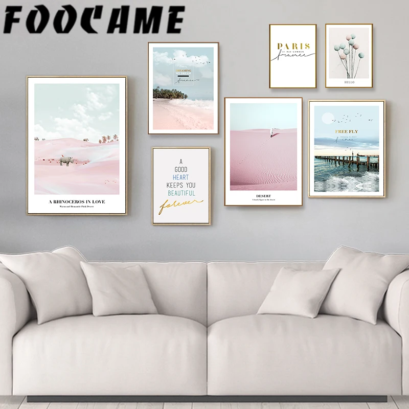 

Rhinoceros Paris Pink Desert Beach Ocean Nordic Wall Art Canvas Print Picture Quote Poster Scandinavian Landscape Painting Decor