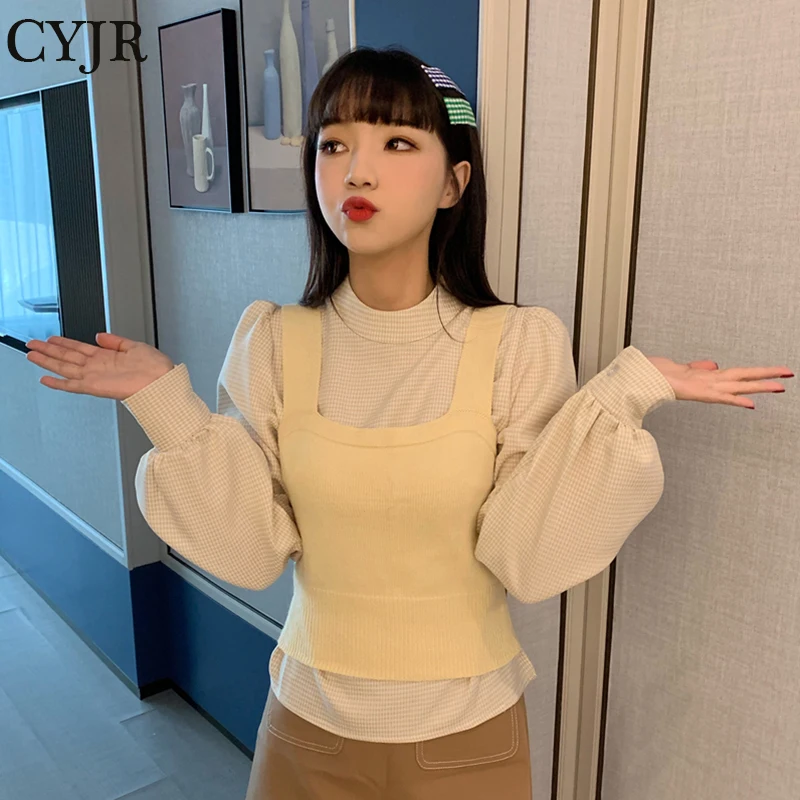 

French Style Suit Women Chic Plaid Loose Stand Collar Pullovers Warm Soft Knitted Vest 2021 Autumn 2 Piece Set