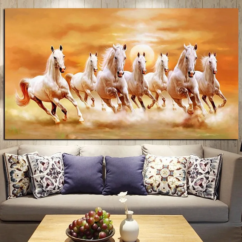 

Seven Running White Horse Animals Painting Artistic Canvas Art Gold Posters and Prints Modern Wall Art Picture For Living Room