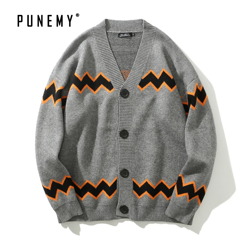 Хип хоп повседневный мужской кардиган свитера в полоску Ретро стиль Harajuku уличная