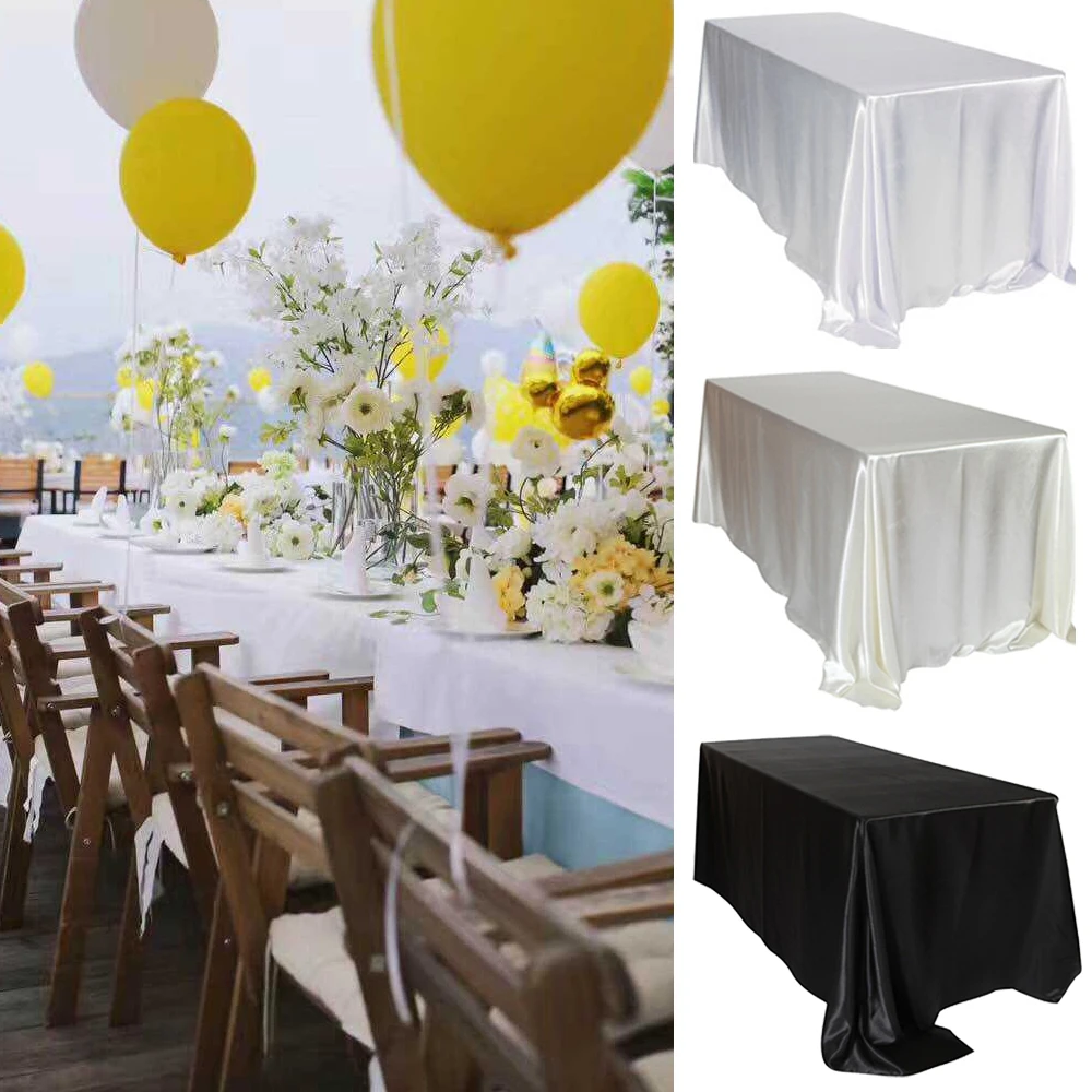 

228x335cm Black Wedding Satin Tablecloth Party Table Cloth White Rectangle For Hotel Banquet Events Decoration
