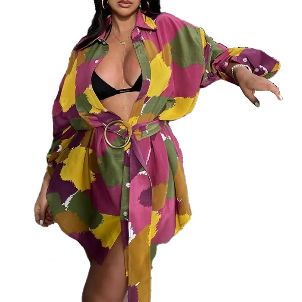 

Women Shirt Long Sleeve Single-breasted Multicolored Printed Coat Mini Dress with Belt for Office