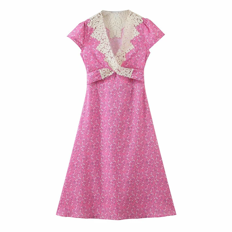 

YENKYE Elegant Women Sexy Lace Patchwork Floral Print Dress Female V Neck Sashes A-line Summer Holiday Dress Party Vestido