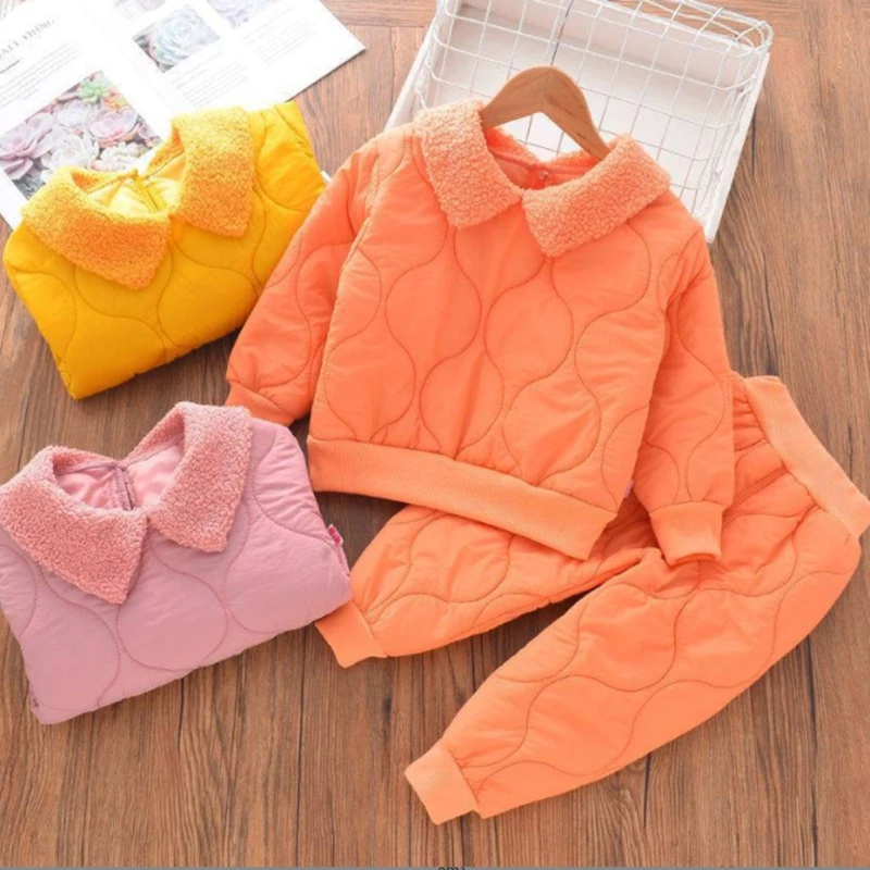 

Модный детский плотный комплект, зимний теплый пуловер для маленьких девочек, верхняя одежда + комплекты брюк, Детский Розовый Повседневный...