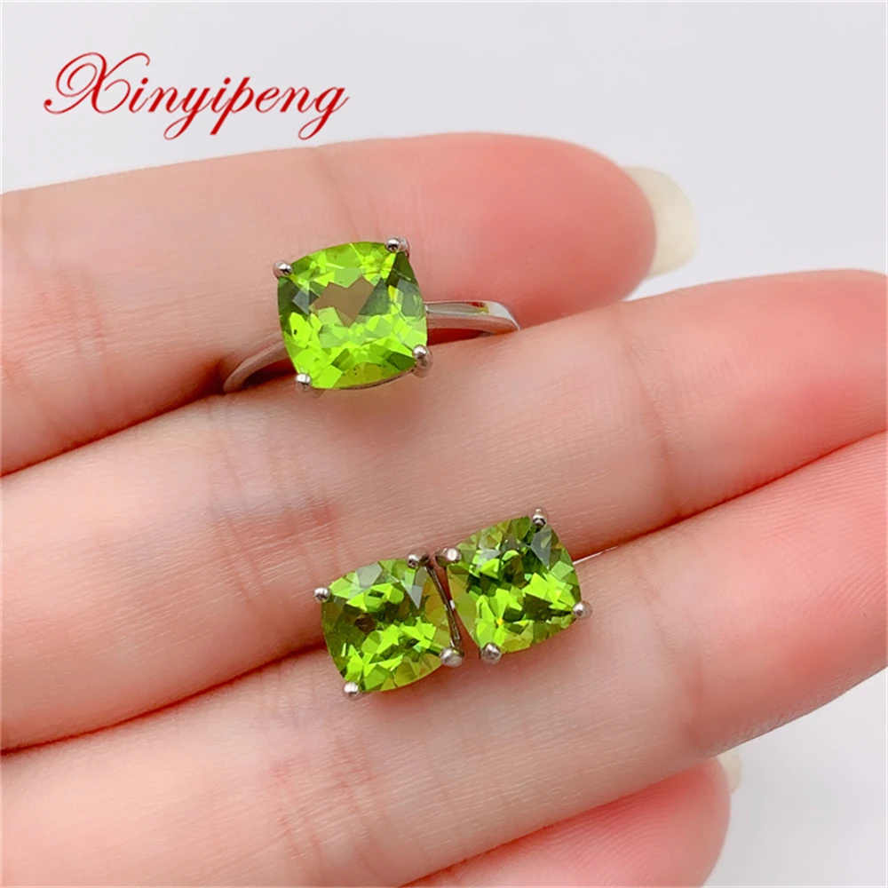 

Xin Yipeng Fine Jewelry Real S925 Sterling Silver Inlaid Natural Peridot Set Rings Earrings Holiday Gift For Women Free Shipping
