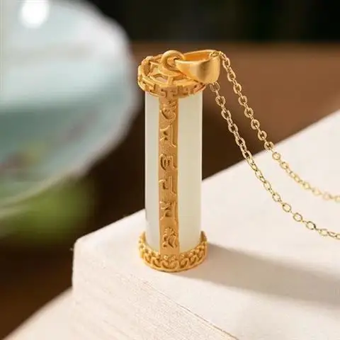 

Six Words Mantra White Jade Pendant S925 Sterling Silver Hetian Jade Cylindrical Necklace with Pendant Palace Style Exquisite