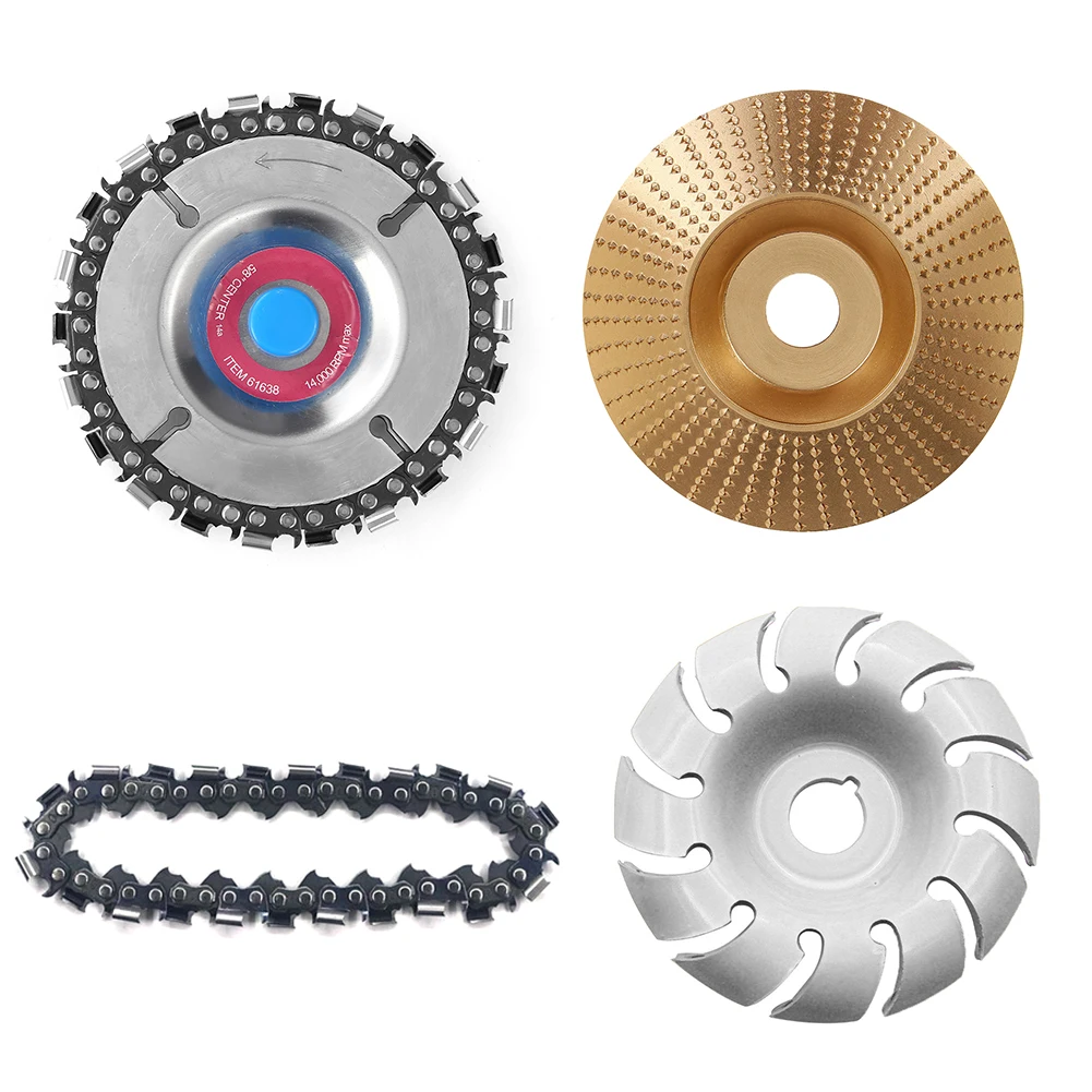 

4pcs Grinder Chain Disc Set Wood Angle Shaping Grinding Wheel with Chain Woodworking Saw Wood Carving Disk Grinder Cutting Blade