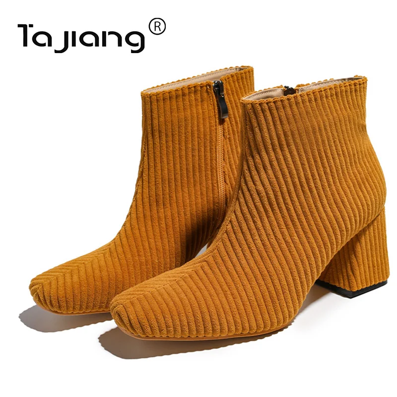 

Ta Jiang fashion simple New corduroy autumn and winter boots women thick heel high heel square toe ankle boots women T929-2A