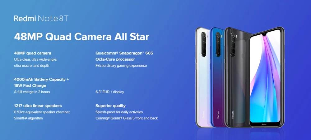Смартфон Xiaomi Redmi Note 8T с глобальной версией, 4 ГБ, 64 ГБ, 6,3, NFC Snapdragon 665, камера 48 МП, 18 Вт, быстрая зарядка, 4000 мАч, мобильный телефон