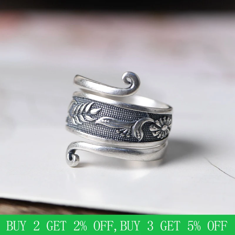 Женское регулируемое кольцо из серебра 100% пробы с цветком и листьями | Украшения