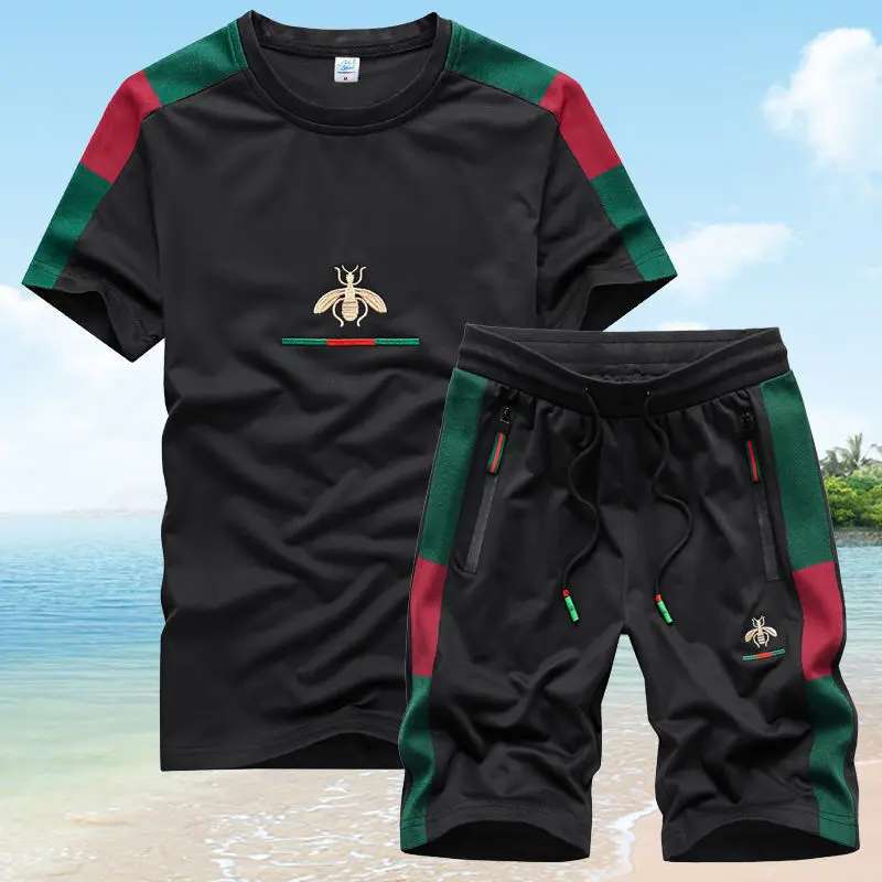 

Leisure Outfits men's summer Korean trend bee embroidery short sleeve T-shirt youth loose sportswear two-piece set
