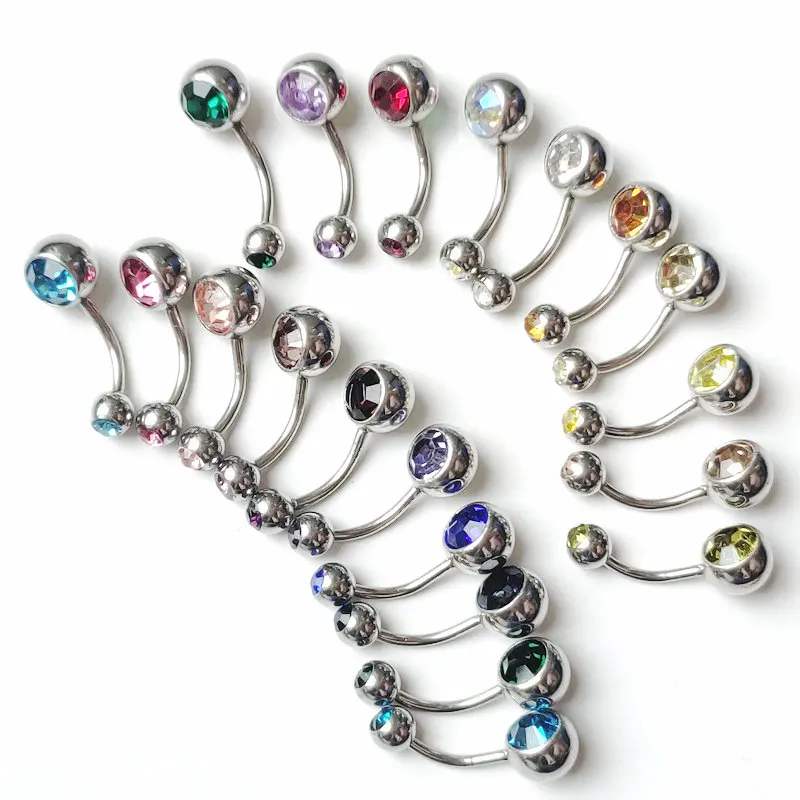 Кольцо для пупка из хирургической стали с кристаллами и стразами, украшение для пирсинга пупка под двойной драгоценный камень, шарик 5/8 мм, 10 шт./лот