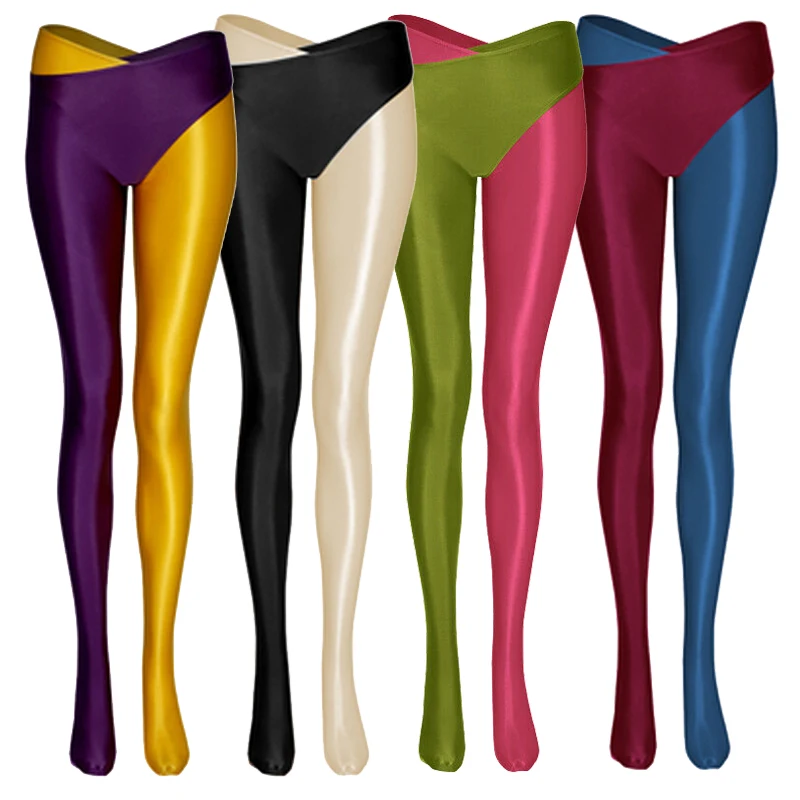 

Женские блестящие глянцевые разделенные колготки с 2 ножками, Спортивные Чулки для йоги с открытой промежностью, блестящие пикантные блест...