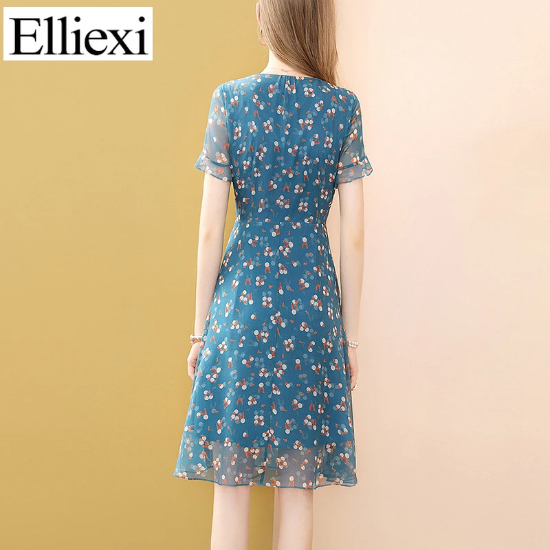 

Elliexi Sweet Summer Chiffon Dress For Women Causal A-Line Blue Print Slim Knee Dresses Ruffle V-Neck Short Sleeve 2021 Vestidos