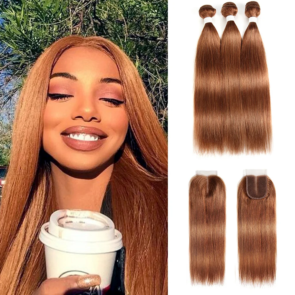 

Brazilian Straight Human Hair Bundles With Closure SOKU HAIR 3/4PCS Brown Hair Weave Bundles With Closure Non-Remy Hair Bundles
