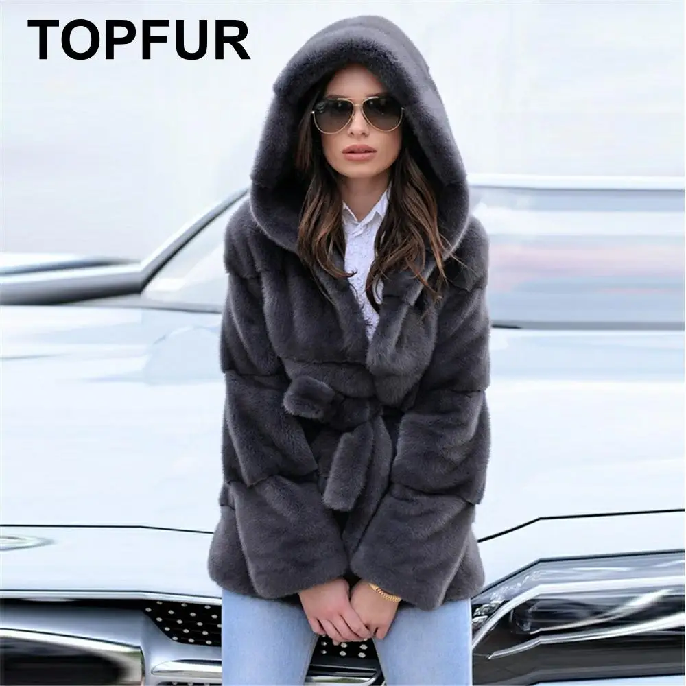 TOPFUR New Fashion Dark Grey Mink Coat With Hood Fur Belt Winter Real Fur Coat Women Plus Size Slim Fur Style 70*60 garment