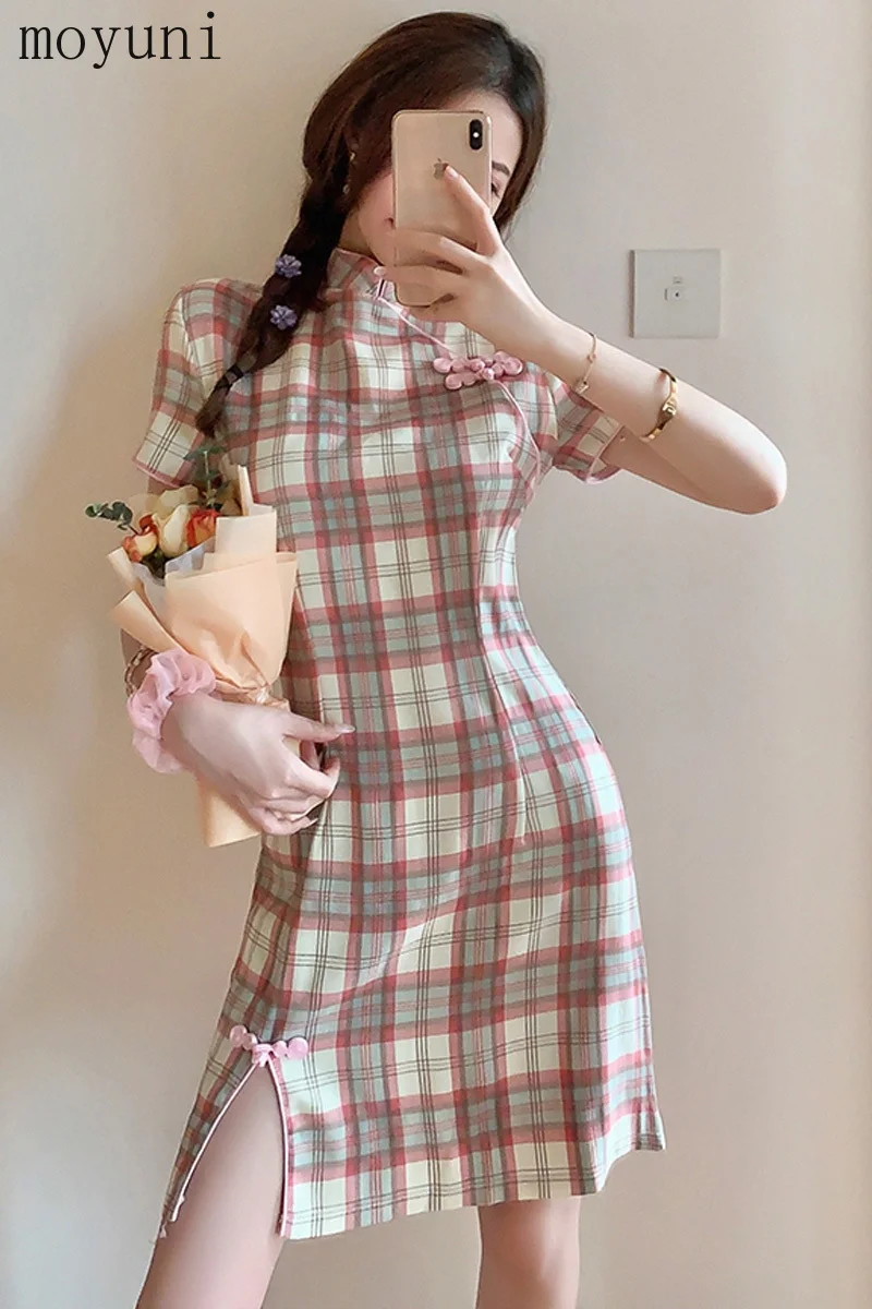 

Summer Elegant Lady of Note Retro Plaid Bucket Skirt Slim Fit Modified Cheongsam Split Dress for Women Korean Fashion Style