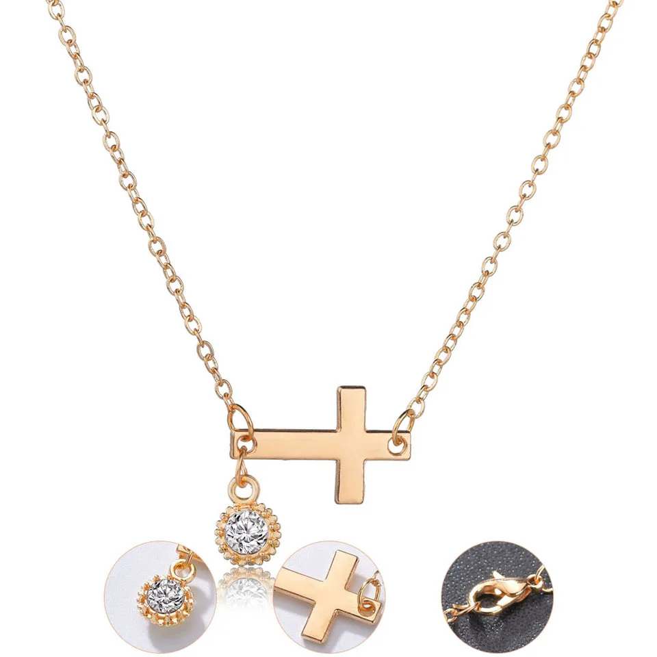 Классическая Женская Золотая цепочка ожерелье с крестом и блестящим кристаллом