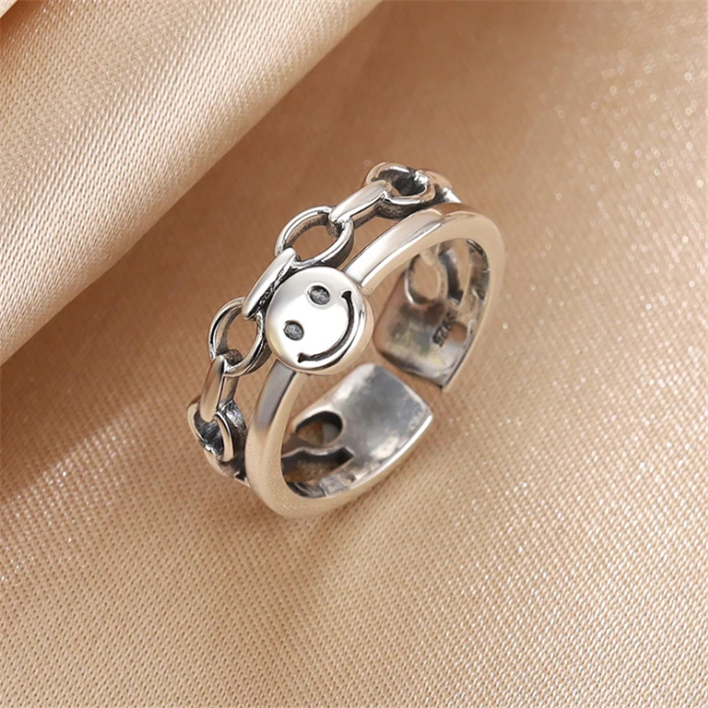

2022 Simple Lucky Keep Smilely Face Vintage Finger Rings For Female Jewelry 925 Sterling Silver Link Chain Punk Style Party Gift