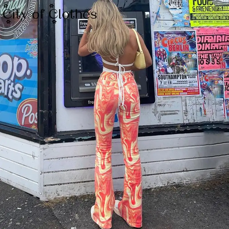 

Y2K Wave Cut Color Flared Women Casual Print Pant Ladies Hight Waist Long Pants Loose Skinny Trousers Summer 2021 Streetwear