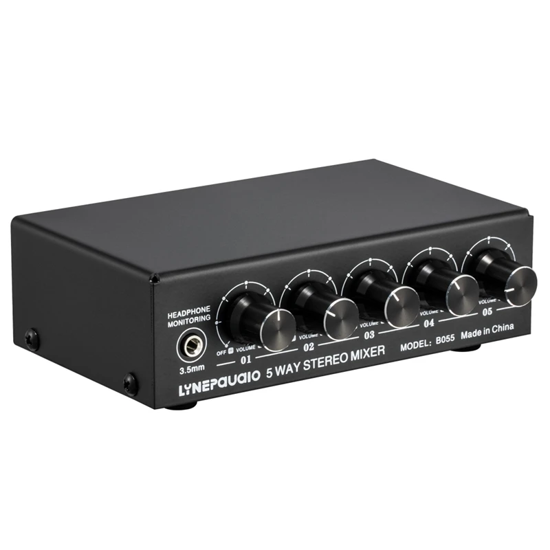 

LYNEPAUAIO Stereo 5-Way Active Mixer Independent Volume Adjustment Support Multi-Channel Mixer With Headphone Monitor