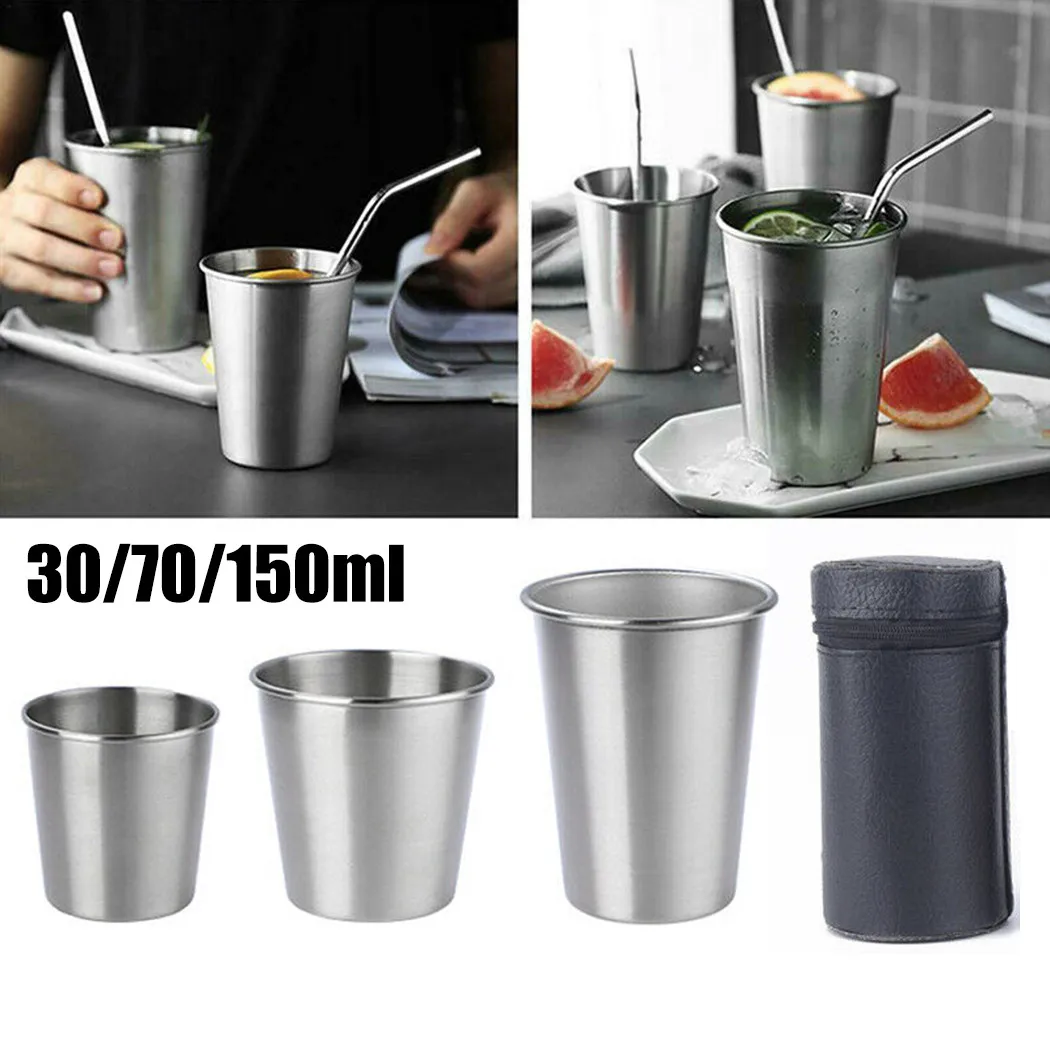 

4pcs Stainless Steel Cover Mug Camping Cup Drinking Coffee Tea Beer With Case Tableware 30ml/70ml/170ml Travel Cups Set