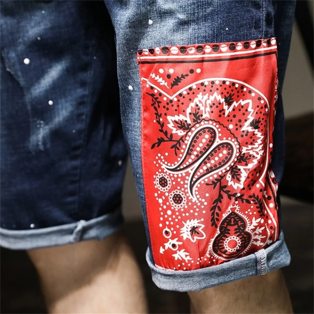 EH·MD® Denim Shorts Men's Painted Pendant Decorate Broken Micro Chapter Embroidery Five-Point Pants Pure Cotton Slim Breathable