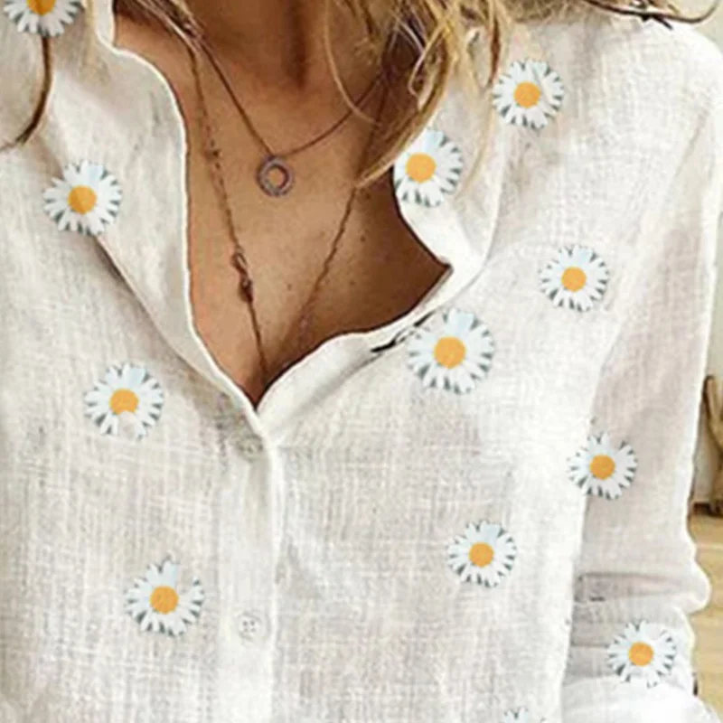 Рубашка женская с принтом ромашек белая Свободная блуза длинным рукавом V
