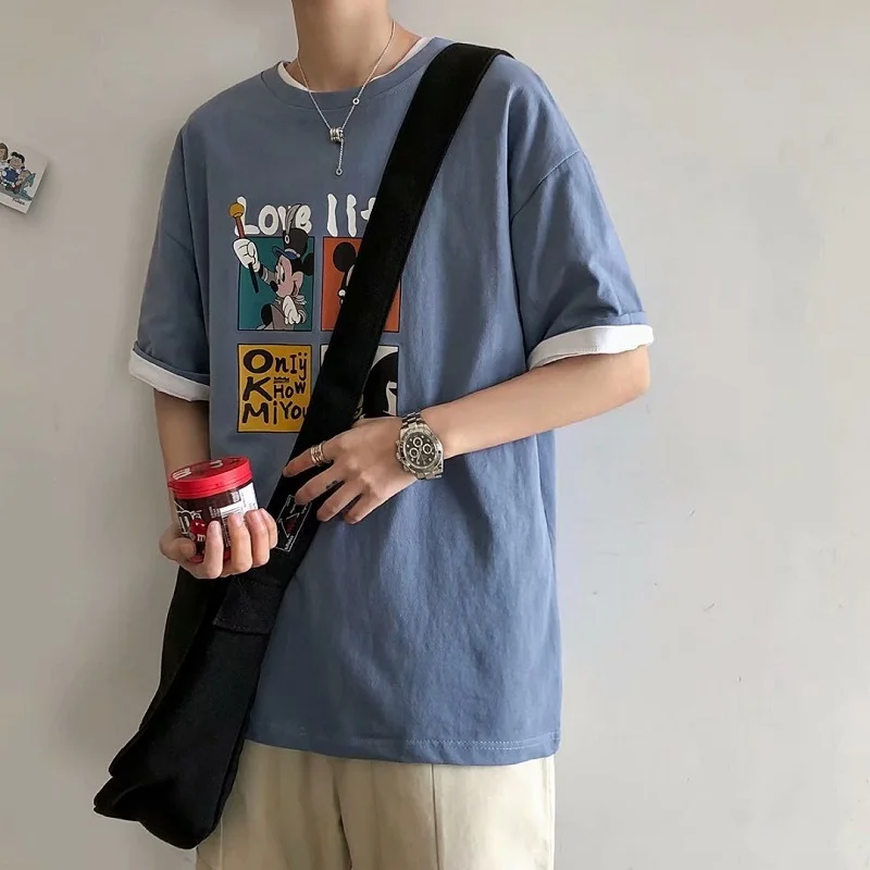 Disney Men T-shirt Summer Fashion Cartoon Mickey Anime Printed Short Sleeve Casual All Match Middle Top External Wear | Мужская одежда