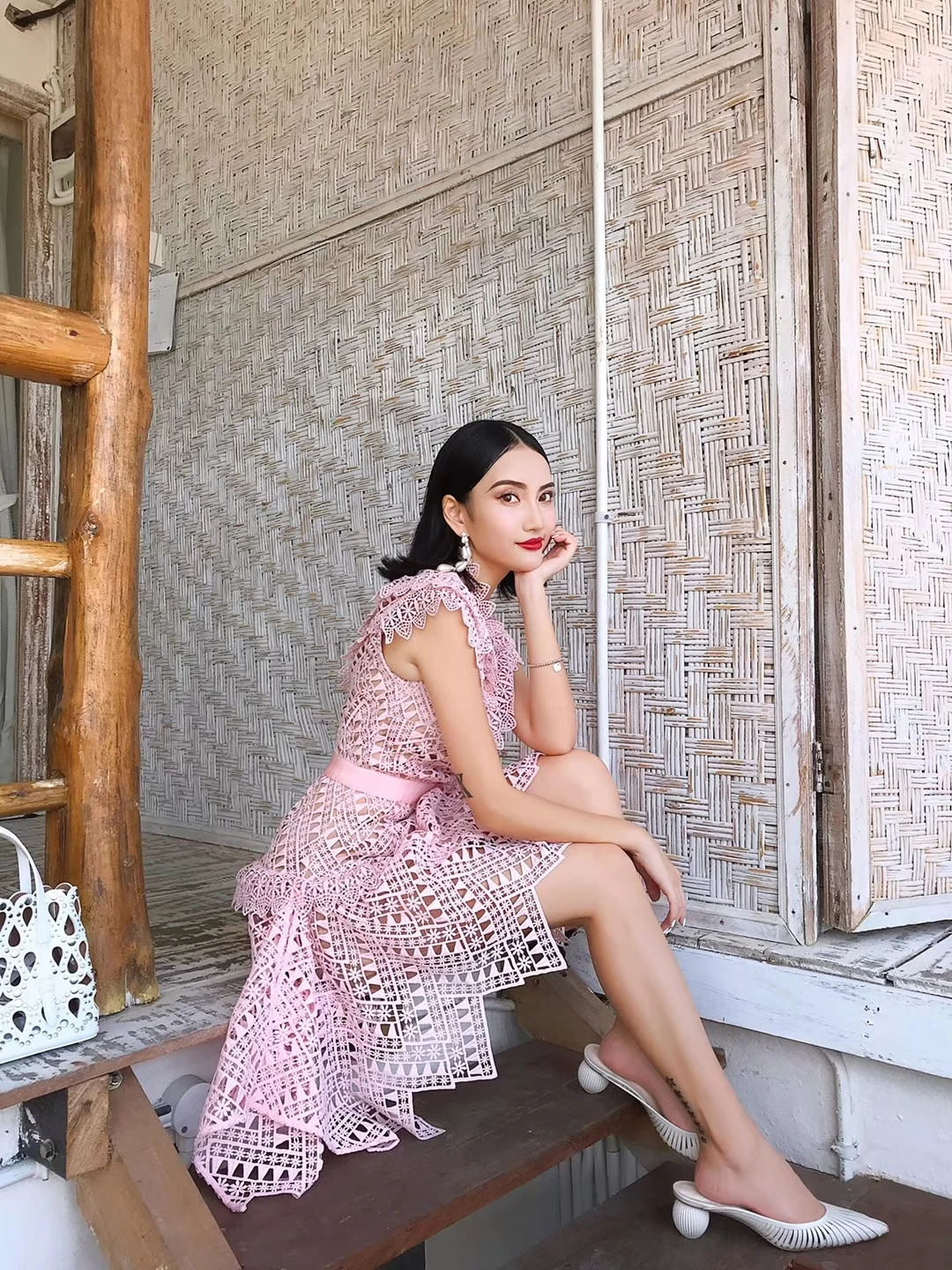 

Runway Slim Holiday Irregular Midi Dress Vestidos Mujer Custom Women 2021 Summer Designer SP Pink Lace Hollow Out