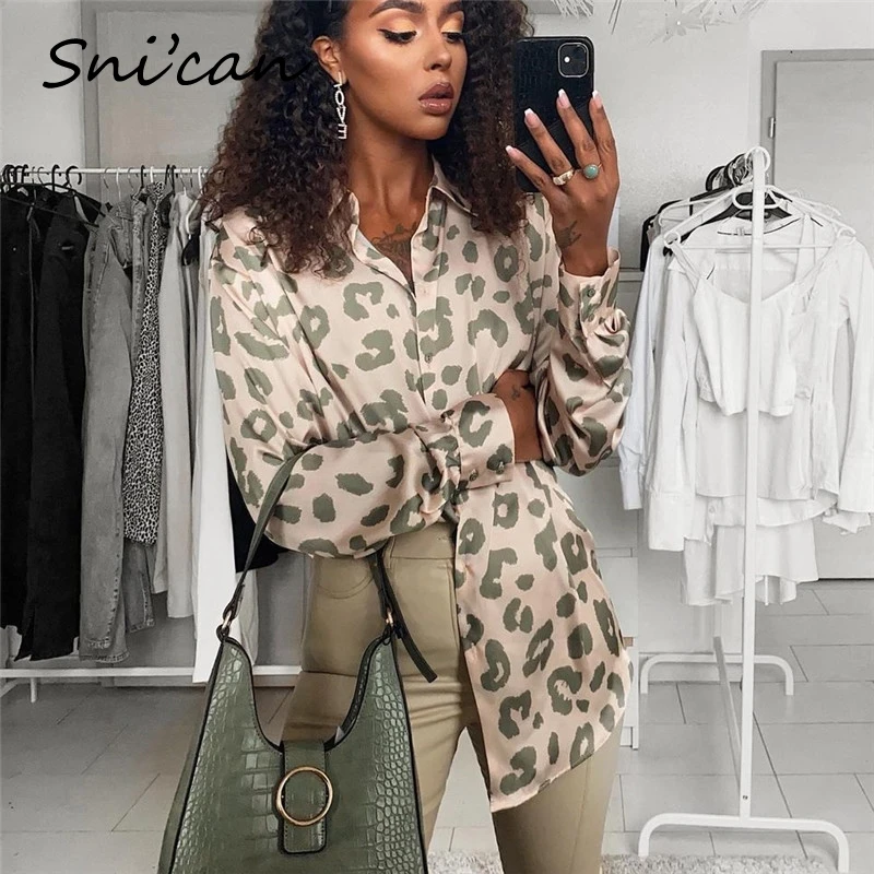 Snican Leopard Print Blouse Women Spring Long Sleeve Turn Down Collar Office Ladies Satin Shirts Blusas De Mujer Chemise Za 2021