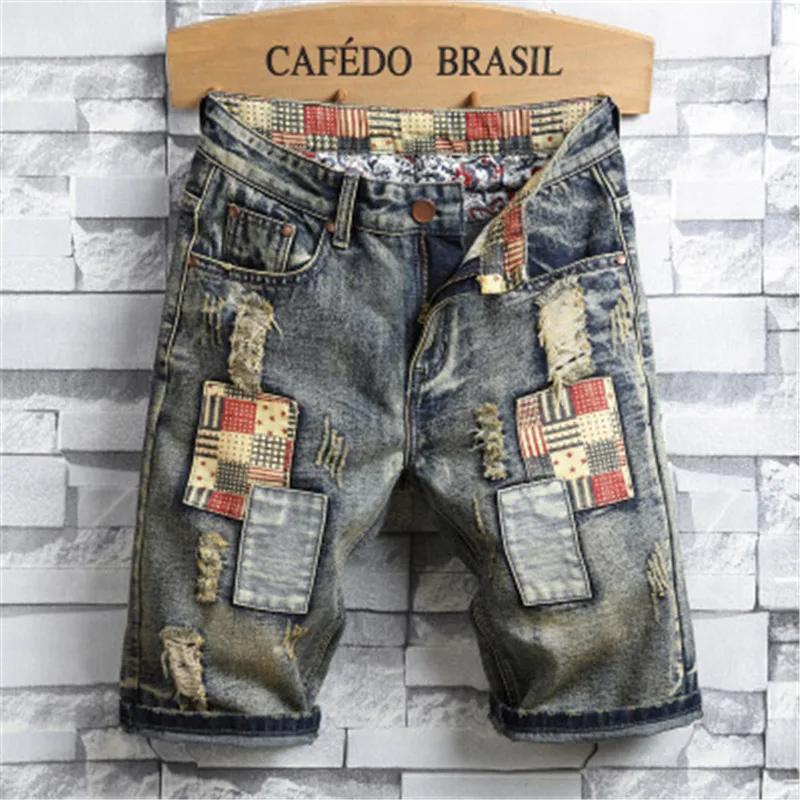 

New Summer ForeignTrade Jeans, Pants, Men's Personality Patch, Retro Fashion Men's Five-Point Pants, Men's Ripped Shorts