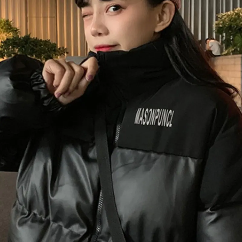 

Winter Women Down Cotton Coat Korean Loose Black Pu Leather Jacket Fashion Stand collar Long sleeve Thick Coat Female Parka DH94