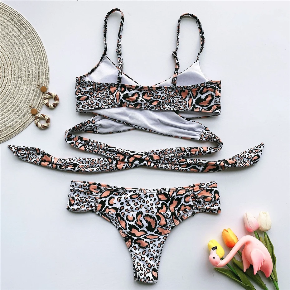 

2020 Sexy Leopard Bikini Women Cross Lace Up String Swimsuit Summer Bathers Bathing Suit High Waist Thong Swimwear Biquini