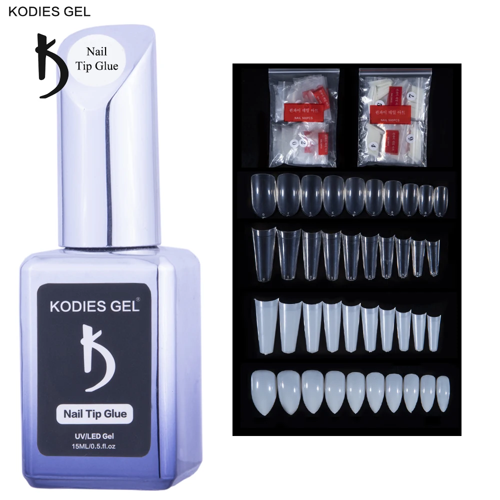 KODIES GEL 500 PCS False Nails Tips with Nail Glue Gel Set Strong Hold Press on Nails Coffin Half Cover French Clear Fake Tools