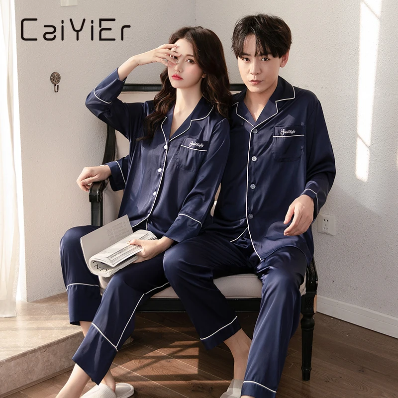 CAIYIER Solid Loves Pajamas Set Sexy Silk Satin Couple Sleepwear Men & Women Nightwear Long Sleeve Casual Winter Homewear M-3XL