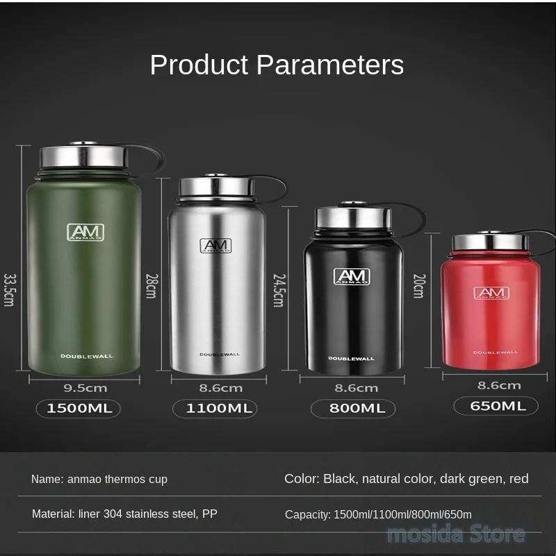 

1100ml Outdoor vacuum 304 stainless steel vacuum flask, portable large capacity sports bottle with customized logo