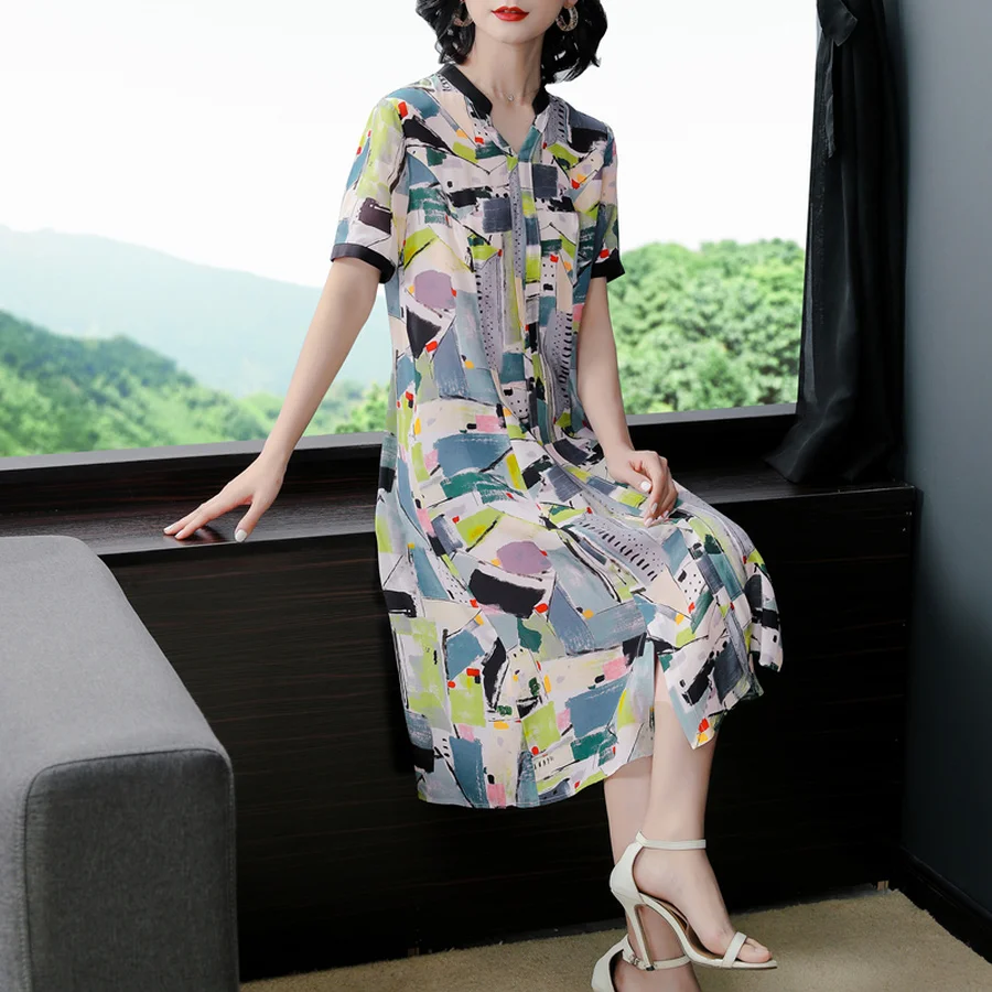 2021 с винтажным принтом шелк тутового шелкопряда сезон весна-лето Новинка: платье